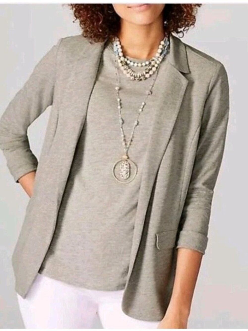 J Jill Jersey Knit Blazer Linen Blend Open Front Gray XL NWT
